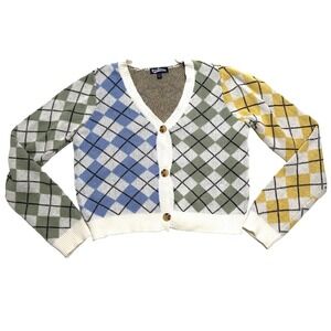 Freshman 1996 Plaid Argyle Multi Colorblock‎ Cardigan Size XL (16) Button Preppy